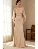 Elegant Champagne Wedding Party Dress with Chiffon Cape and Draped Bodice
