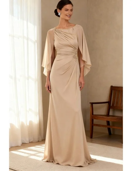 Elegant Champagne Wedding Party Dress with Chiffon Cape and Draped Bodice