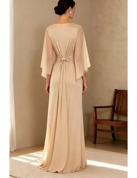 Elegant Champagne Wedding Party Dress with Chiffon Cape and Draped Bodice