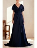 Navy Blue Wrap Chiffon Wedding Party Dress with Flutter Sleeves Train