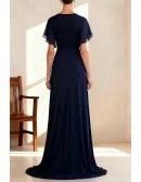 Navy Blue Wrap Chiffon Wedding Party Dress with Flutter Sleeves Train