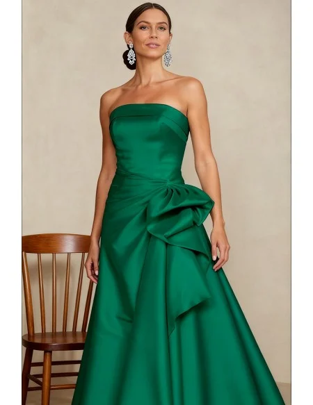 Green Satin Strapless Wedding Party Dress with Dramatic Side Bow Accent