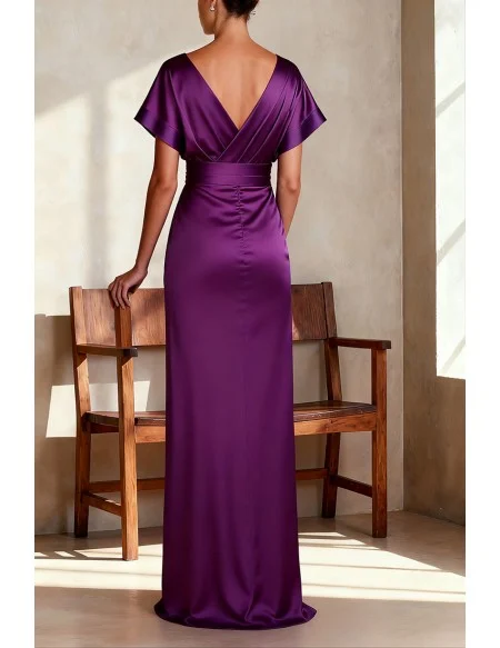 Stylish Purple Wedding Guest Dress with Wrap Design Cape Sleeve