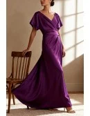 Stylish Purple Wedding Guest Dress with Wrap Design Cape Sleeve