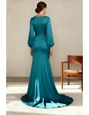 Stylish Teal Wedding Party Dress with Long Puff Sleeves and High Slit