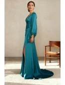Stylish Teal Wedding Party Dress with Long Puff Sleeves and High Slit