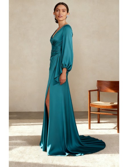 Stylish Teal Wedding Party Dress with Long Puff Sleeves and High Slit
