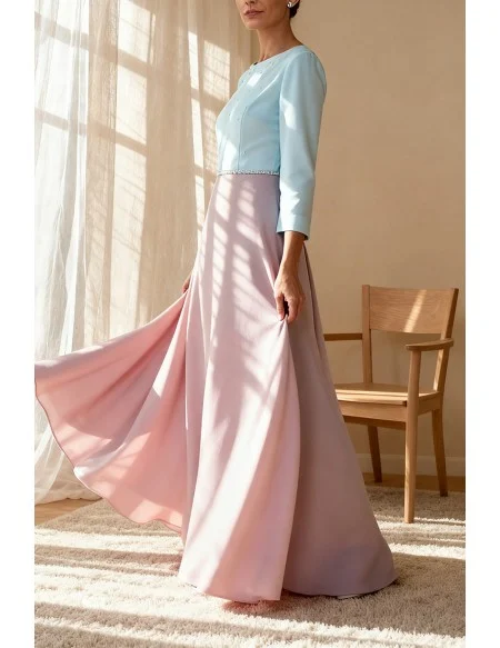Elegant Two Tone Wedding Party Dress with Three Quarter Sleeve and Beaded Waist