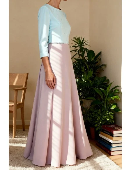 Elegant Two Tone Wedding Party Dress with Three Quarter Sleeve and Beaded Waist