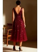 Burgundy Tea Length Wedding Party Dress with Leaf Pattern Sequins