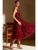Burgundy Tea Length Wedding Party Dress with Leaf Pattern Sequins
