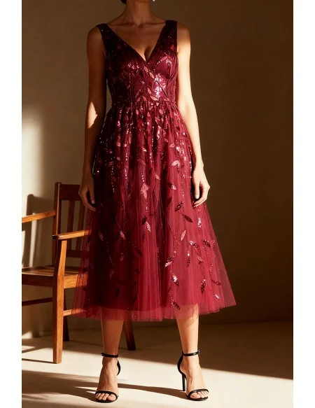 Burgundy Tea Length Wedding Party Dress with Leaf Pattern Sequins