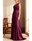 Pleated One Shoulder Purple Satin Wedding Party Dress