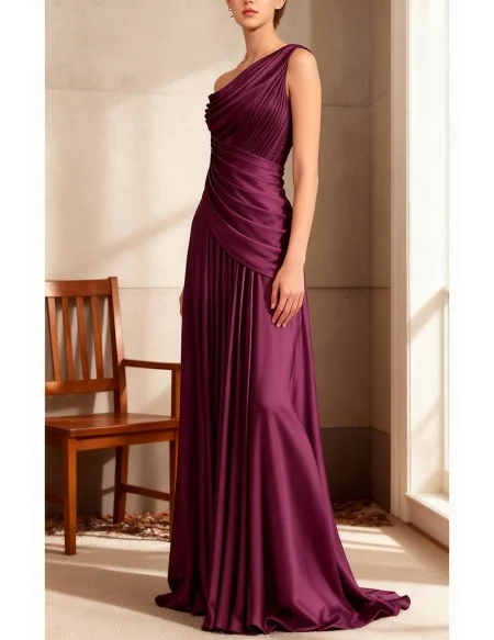 Pleated One Shoulder Purple Satin Wedding Party Dress