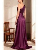 Pleated One Shoulder Purple Satin Wedding Party Dress