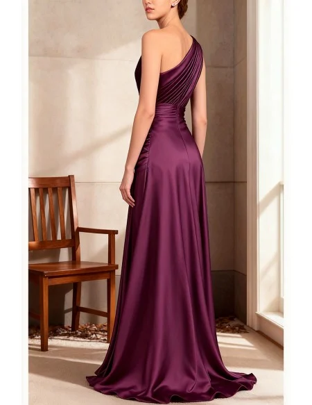 Pleated One Shoulder Purple Satin Wedding Party Dress