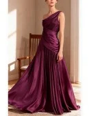 Pleated One Shoulder Purple Satin Wedding Party Dress