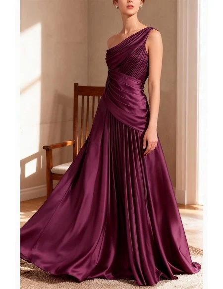Pleated One Shoulder Purple Satin Wedding Party Dress