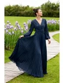 Flowing Navy Blue Pleated Wedding Party Dress with Long Sleeves