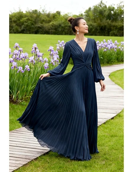 Flowing Navy Blue Pleated Wedding Party Dress with Long Sleeves