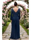Flowing Navy Blue Pleated Wedding Party Dress with Long Sleeves
