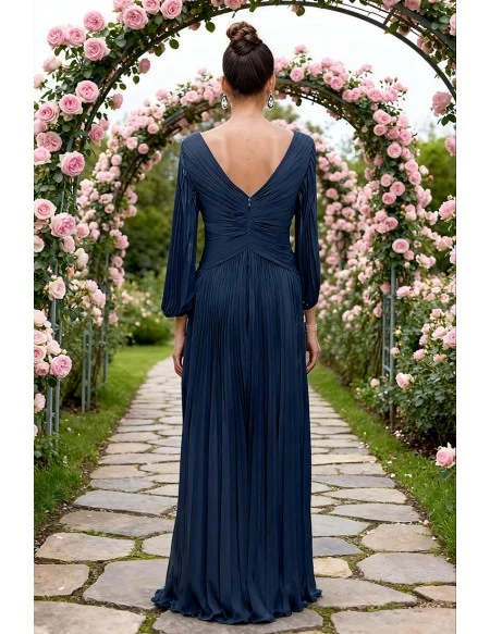 Flowing Navy Blue Pleated Wedding Party Dress with Long Sleeves