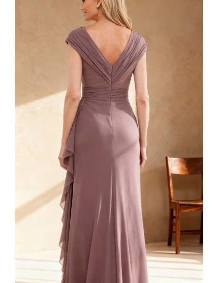 Purple Wrap Front Chiffon Wedding Party Dress with V Neck and Pleated Skirt