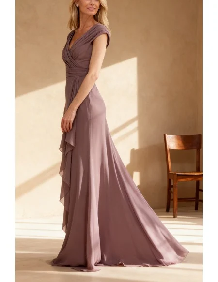 Purple Wrap Front Chiffon Wedding Party Dress with V Neck and Pleated Skirt