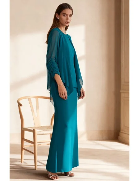 Chic Full Length Teal Wedding Guest Dress with Matching Jacket