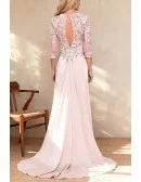 Romantic Lace Detail Chiffon Wedding Party Dress with Sleeve and Flowing Skirt