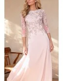 Romantic Lace Detail Chiffon Wedding Party Dress with Sleeve and Flowing Skirt