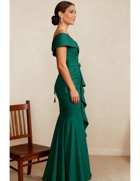 Green Pleated Mermaid Wedding Party Dress with Off Shoulder