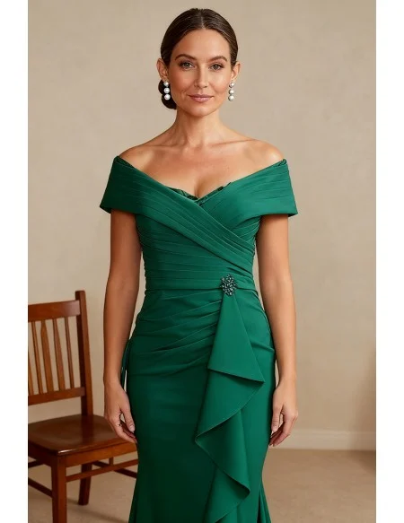 Green Pleated Mermaid Wedding Party Dress with Off Shoulder