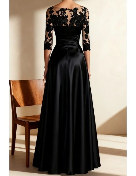 Black Wedding Party Dress with Lace Sleeve and Satin Skirt