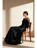 Black Wedding Party Dress with Lace Sleeve and Satin Skirt