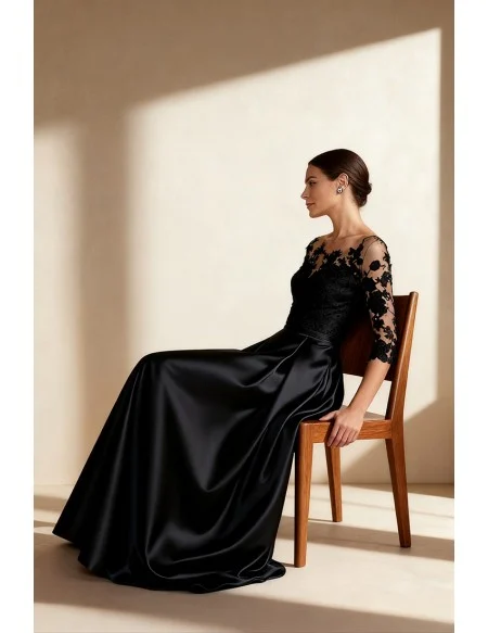 Black Wedding Party Dress with Lace Sleeve and Satin Skirt