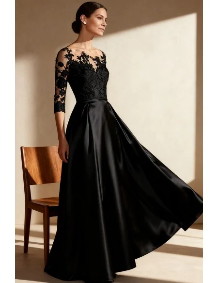 Black Wedding Party Dress with Lace Sleeve and Satin Skirt