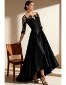 Black Wedding Party Dress with Lace Sleeve and Satin Skirt