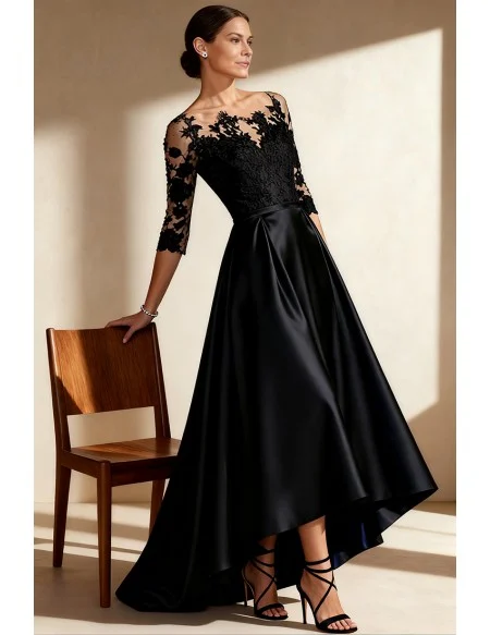 Black Wedding Party Dress with Lace Sleeve and Satin Skirt