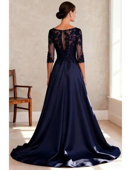 Navy Blue Satin Wedding Party Dress with Half Sleeve Lace Bodice