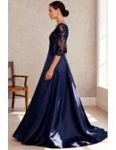 Navy Blue Satin Wedding Party Dress with Half Sleeve Lace Bodice