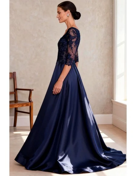 Navy Blue Satin Wedding Party Dress with Half Sleeve Lace Bodice