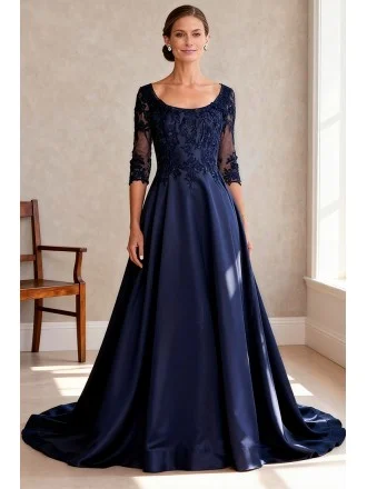 Navy Blue Satin Wedding Party Dress with Half Sleeve Lace Bodice