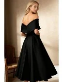 Retro Black Satin Wedding Party Dress Featuring A Line Tea Length Cut