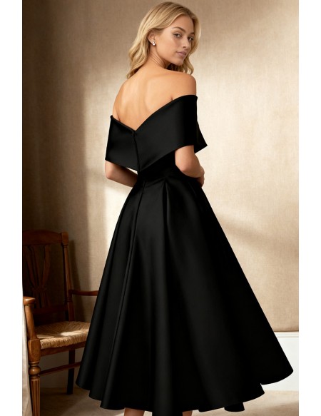 Retro Black Satin Wedding Party Dress Featuring A Line Tea Length Cut