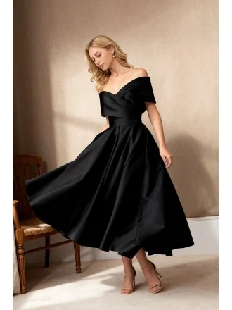 Retro Black Satin Wedding Party Dress Featuring A Line Tea Length Cut