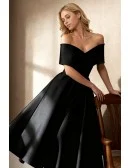 Retro Black Satin Wedding Party Dress Featuring A Line Tea Length Cut