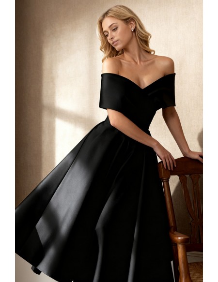 Retro Black Satin Wedding Party Dress Featuring A Line Tea Length Cut