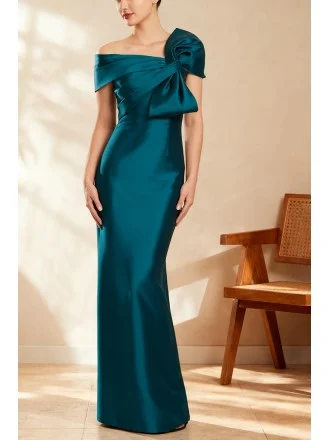 Teal Mermaid Formal Wedding Party Dress with Off Shoulder Bow Detail