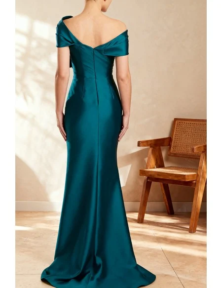 Teal Mermaid Formal Wedding Party Dress with Off Shoulder Bow Detail
